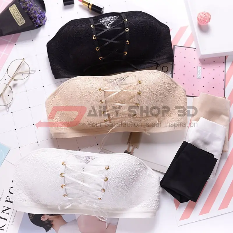 Women LaxChic Pull-Together Lace Invisible Backless Bra-Lace Strapless  Non-Slip Drawstring Bandeau Bra - Beige - CK199ANEQ5U